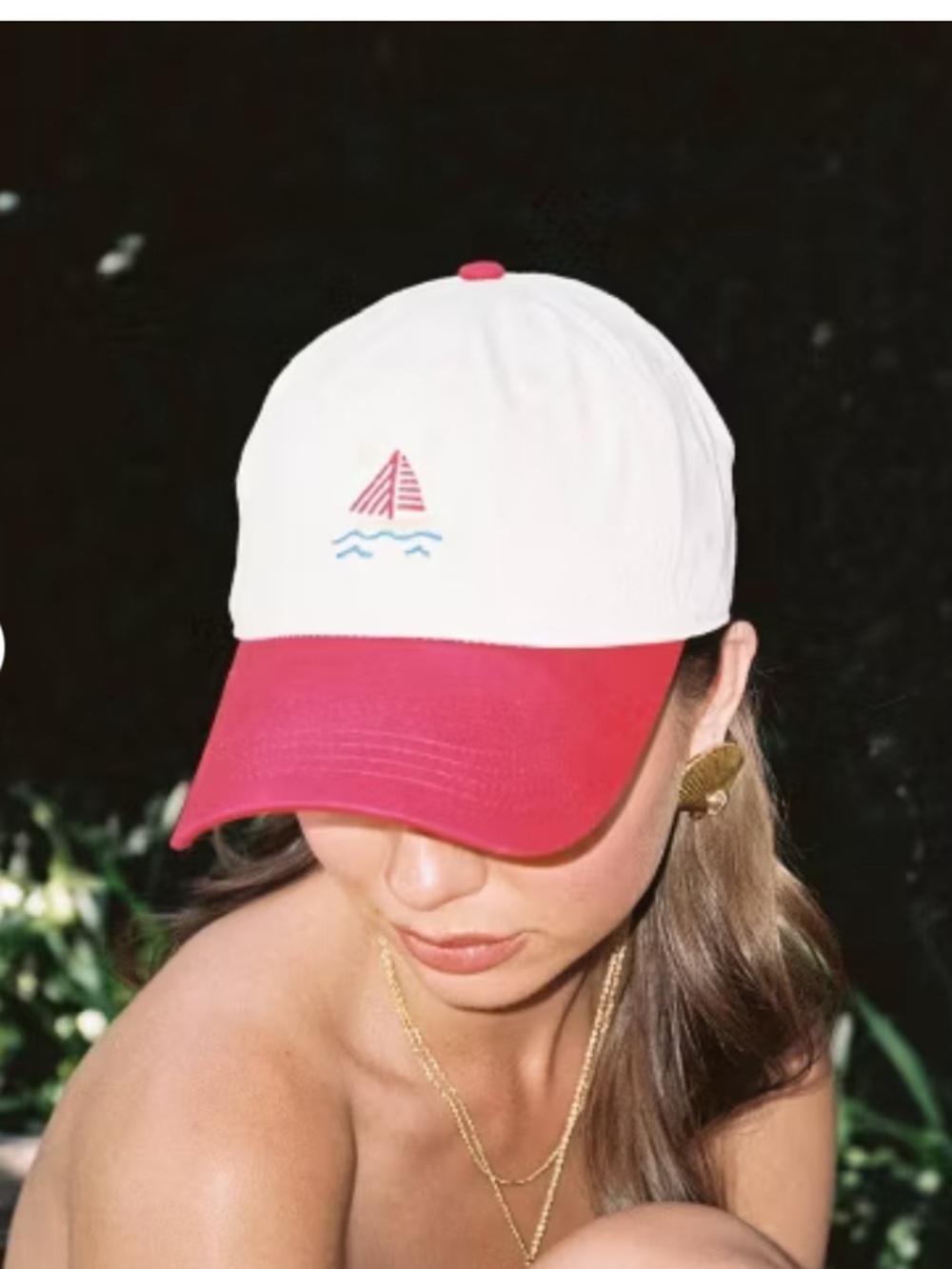Unisex Nautical Embroidered Cap Beige & Red Adjustable Hat Sailboat Design